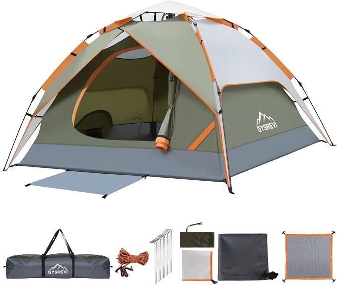 Camping Zelt Automatisches 3 Personen Instant Zelt Pop Up Zelt | 4 Jahreszeiten Winddicht Wasserdicht Kuppelzelt mit 2 Mesh-Tür, 2 Mesh-Fenster, 2 in 1 Doppelschichten, Tasche für Familie