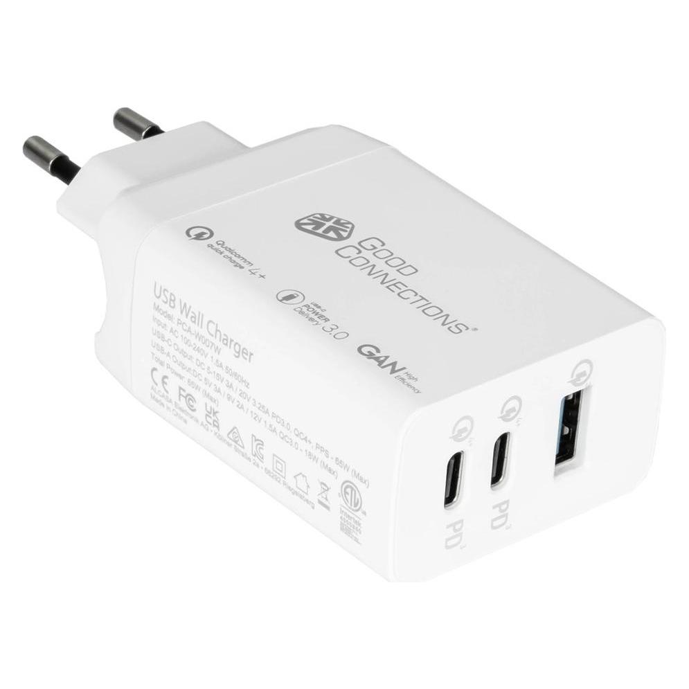 Good Connections GC USB-Schnellladegerät 65W mit GaN-Technologie, 2xUSB-C+1xUSB-A, PD 3.0, QC 3.0 (65 W, 3 Ports) (PCA-W007W)