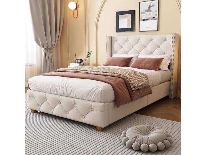 Lit capitonné - 90x200 cm - Sommier à lattes inclus - Revêtement lin beige - Boutons capitonnés