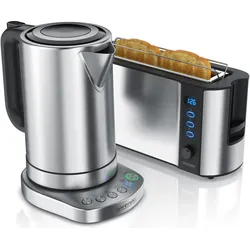 Arendo Frühstücks Set, Wasserkocher 1,7l mit Temperaturauswahl & 2-Scheiben Langschlitz Toaster, Edelstahl, Wasserkocher, Silber