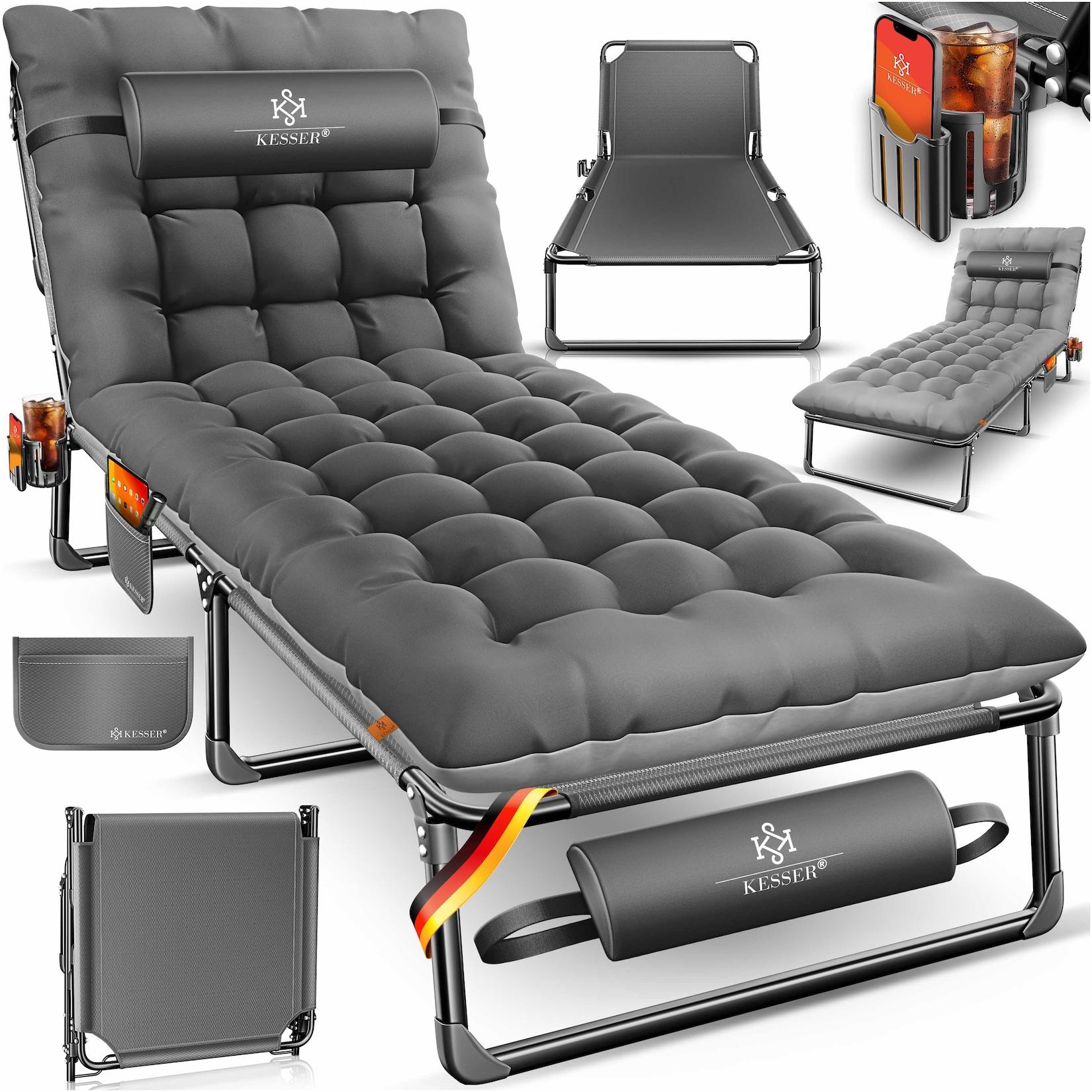 KESSER® Campingbett klappbar mit Tragetasche, Nackenkissen, Vakuumtasche & Getränkehalter, 190 x 68 x 30 cm bis 250 kg belastbar, aus Oxford-Gewebe und stabilem Stahlgerüst, ideal für Garten Camping