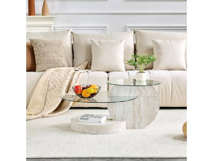 I0I&I0I Moderner Couchtisch Mit 2 Glas Ebenen Minimalistisches Design Mit MDF Marmor Gestell Stabil Und Pflegeleicht Ideal Für Wohnzimmer Und Kleine Räume (Transparent + MDF+Glass)