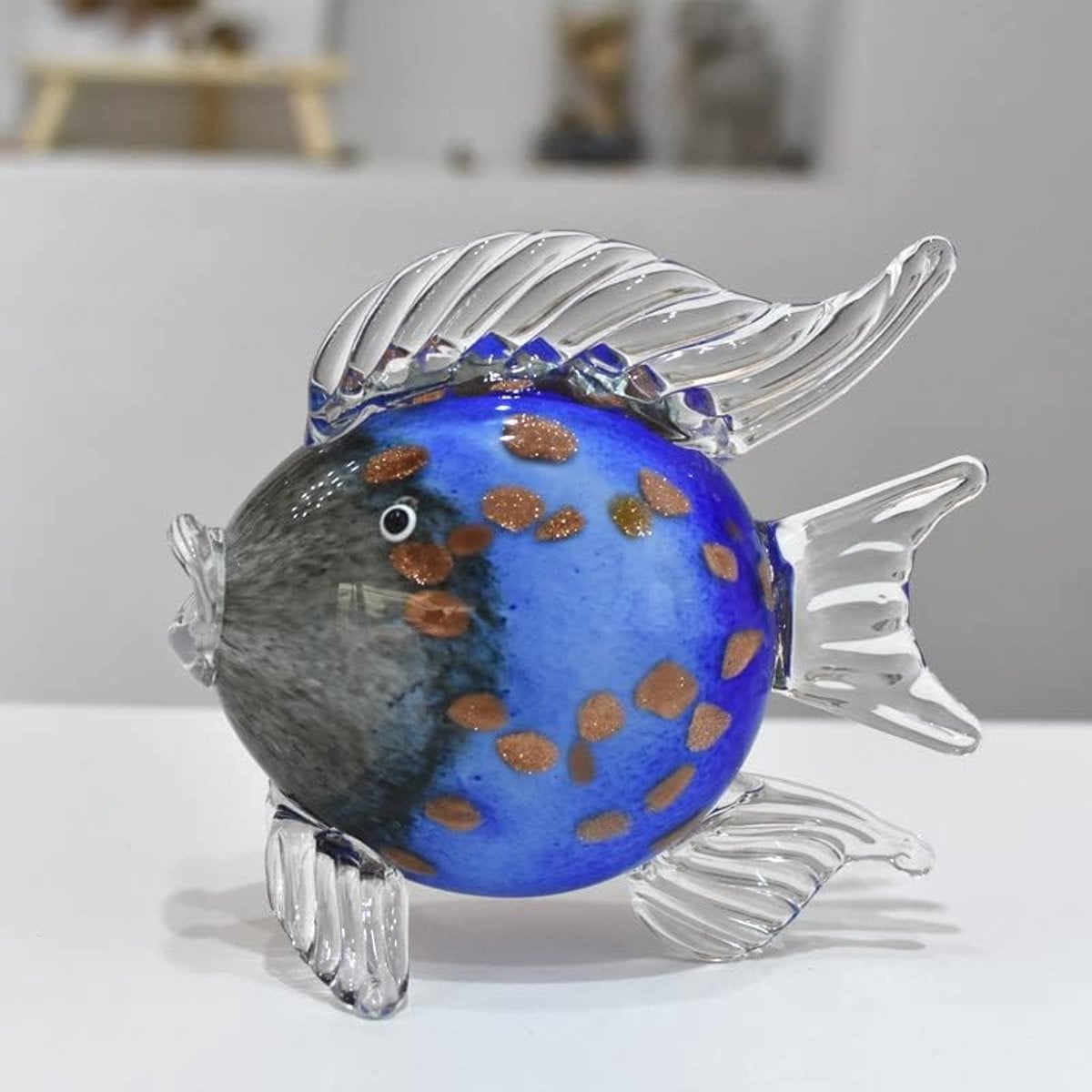 Handgemaakt blauw glazen vis beeldje voor decoratie - 20 x 17 cm