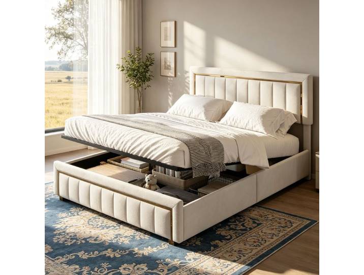 Lit 140x200cm avec Tête de lit Réglable - Cadre de lit Coffre Double 140x200cm avec Sommier en Bois - Tissu velours - Blanc