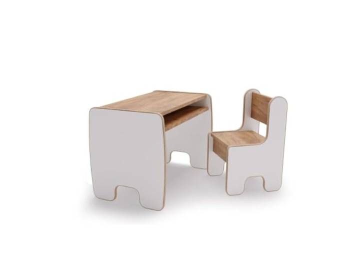 KOBI TIMI Büro- und Stuhl-Set für Kinder, mit Aufbewahrungsregal, Weiß und Eiche Craft Gold, skandinavisches Design, MDF, 70 x 40 x 51 cm