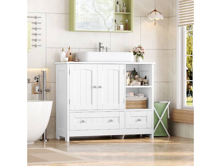 Getone Meuble sous Lavabo Salle de Bain, Armoire de Rangement sous Vasque avec 3 Étagère 2 Tiroir 2 Portes, 80x30x65cm Blanc