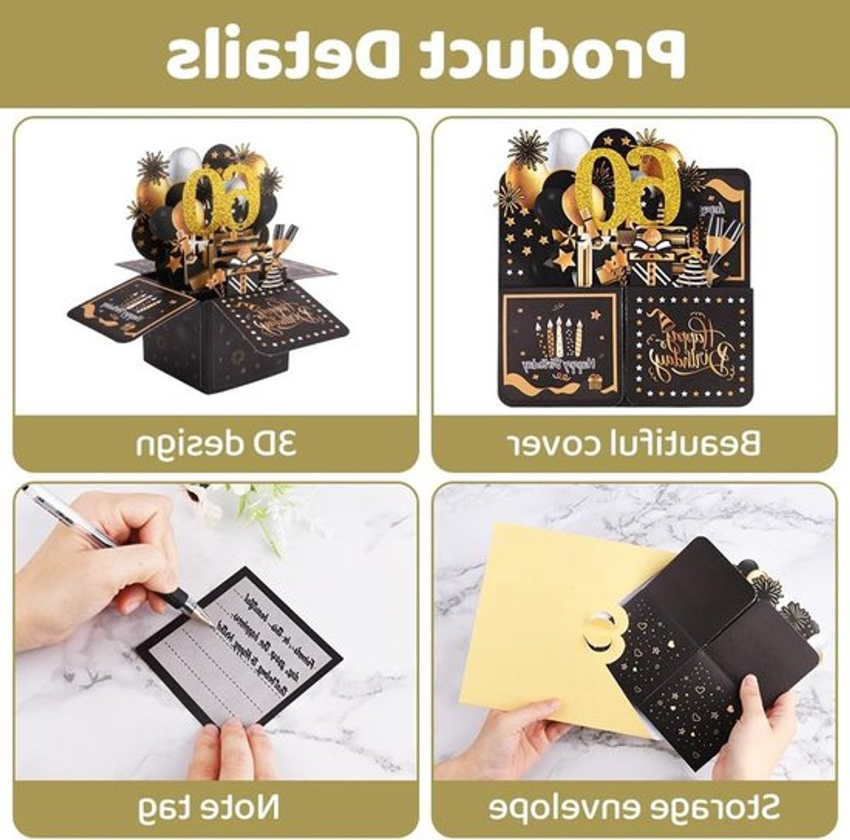 3D Verjaardagskaart voor 60e Verjaardag, Pop-up Kaart met Envelop, Zwart en Goud