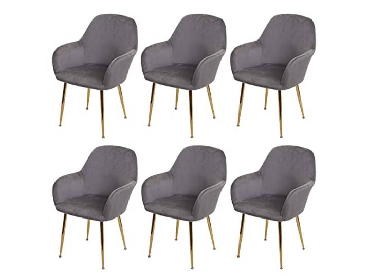 Mendler 6er-Set Esszimmerstuhl HWC-F18 - Samt grau, goldene Beine