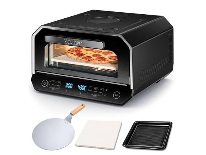 Pizzaofen Elektrisch 450°C – Neapolitanische Pizza in 2 Min, Sichtfenster & Innenbeleuchtung, 6 Programme & & 6 Kochmodi, Profi-Koch-Modus, Pizzaschaufel & Pizzastein & Backblech,Schwarz