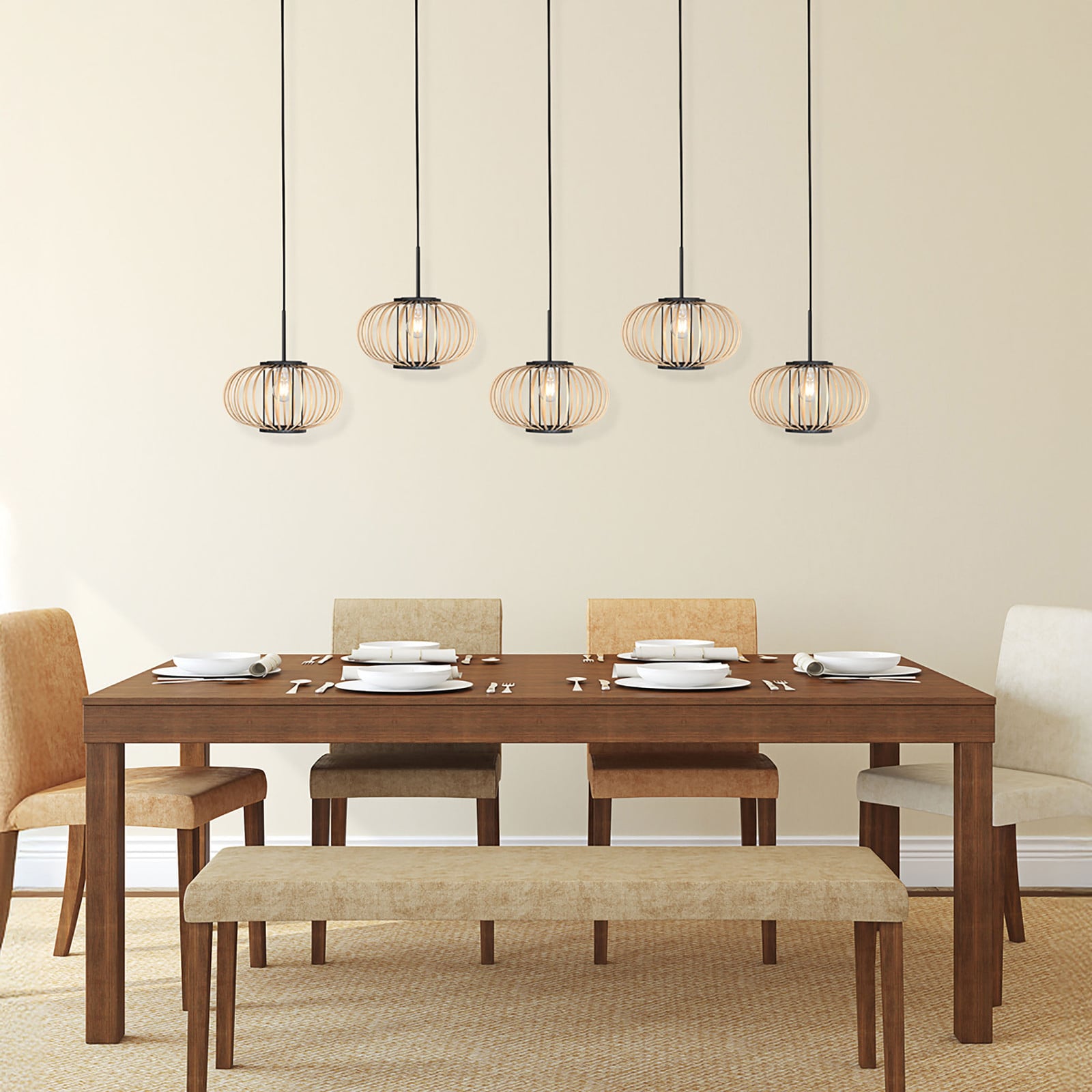 Steinhauer Silva 5-lichts rechte hanglamp met bamboe kappen in beige