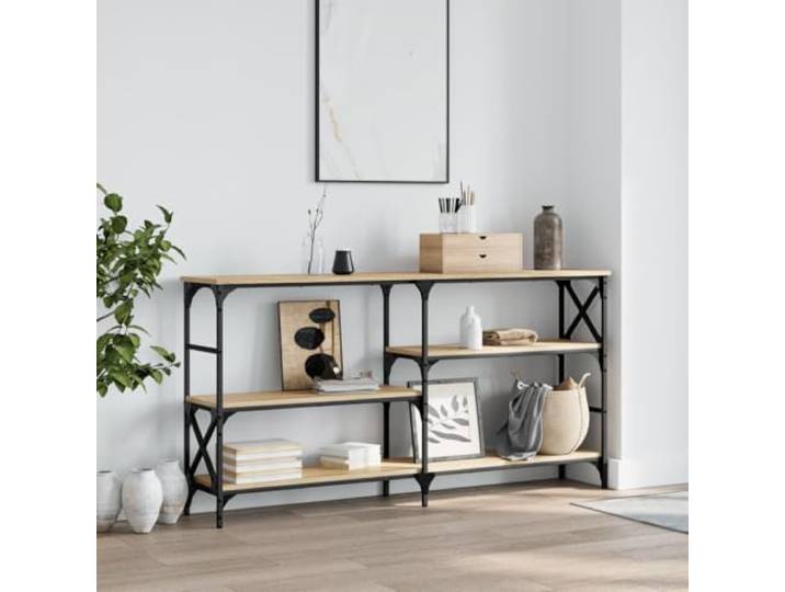 HKGNMBS Konsolentisch, Sonoma-Eiche, 150 x 29 x 76,5 cm, Holz Robuste Tischplatte, Stahlrahmen, sechs verstellbare Füße, Wandbefestigung, Montage erforderlich