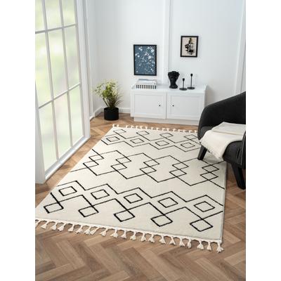 Hochflor-Teppich "Moroccan Mural", schwarz-weiß (weiß, schwarz), B:160cm H:24mm L:230cm, Polyester, Polypropylen (PP), MYFLAIR MÖBEL & ACCESSOIRES, Teppiche, Fransenteppich, modern, marokkanisches Design, flauschig weich, mit Fransen