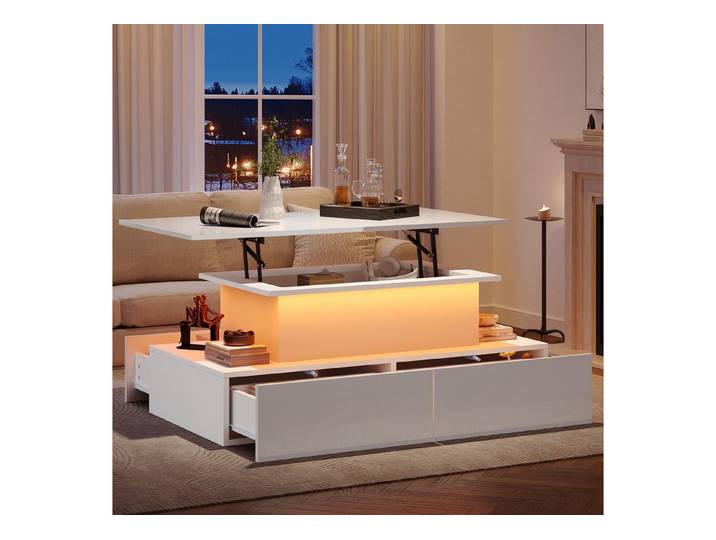 OKWISH Couchtisch mit Stauraum (Satztisch, Wohnzimmertisch, Beistelltisch, 1-St., 4 Schubladen, 1 versteckten Stauraum), Hochglanz-Couchtisch mit LED-Beleuchtung