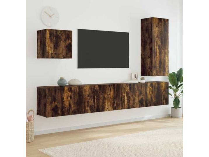 HEFZGDB 5-TLG. Wohnwand Räuchereiche Holzwerkstoff TV-Schrank Set mit Wandmontage und reichlich Stauraum für Medien und Bücher, Robustes Design mit glatter Oberfläche, vielseitig