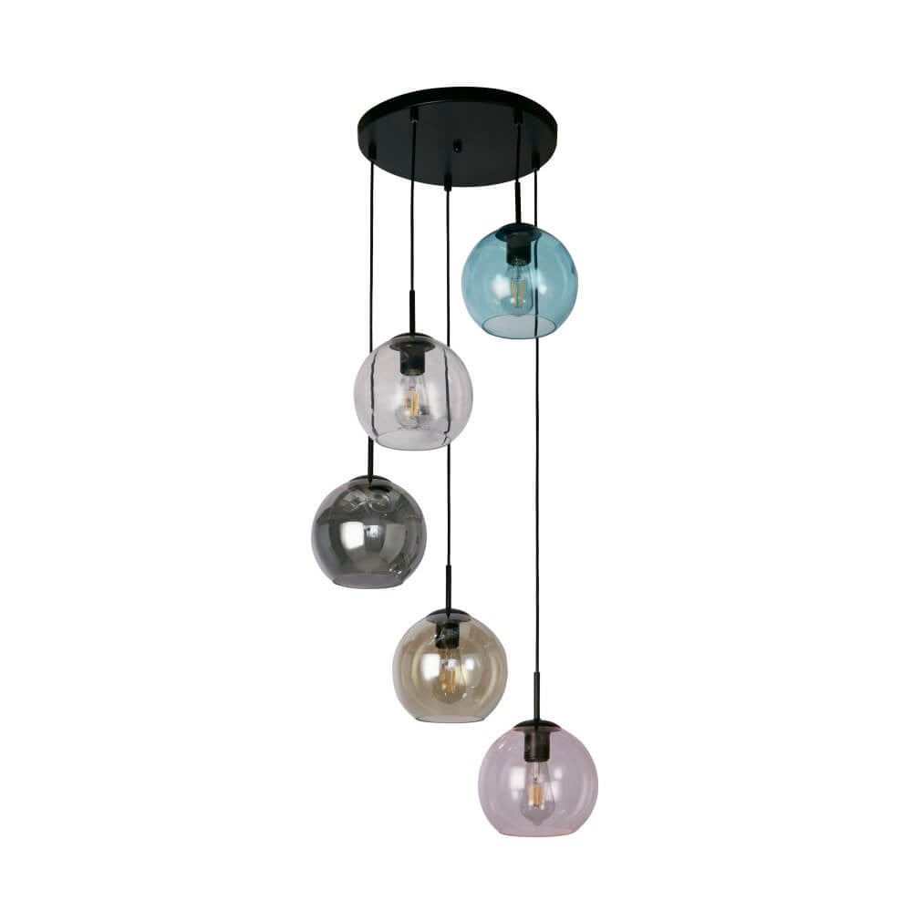 Searchlight Mardi Gras II 5-lichts hanglamp met meerkleurig glas en zwart metaal