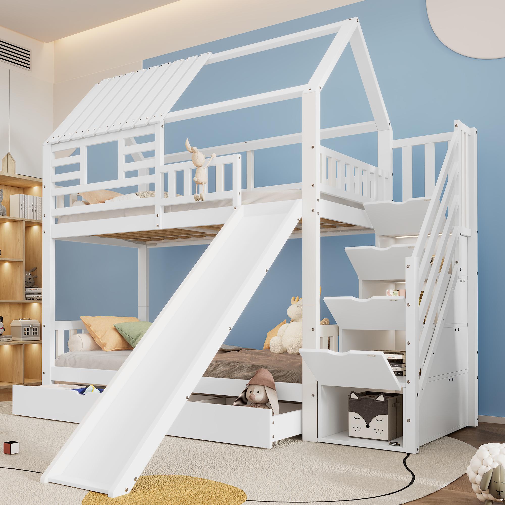 Etagenbett mit Rutsche, Dach & Fenster, Schublade & Fallschutz, Weiß 90×200