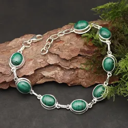 Drachensilber Schlichtes Malachit Armband 925 Silber grüne Steine Edelstein Armschmuck - Silber;Grün