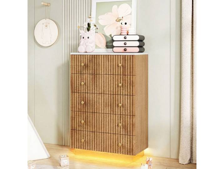 Commode de Chambre - 73x40x111cm - Commode 5 Tiroirs avec LED 3 Couleurs et Façade Ondulée - Chêne Naturel