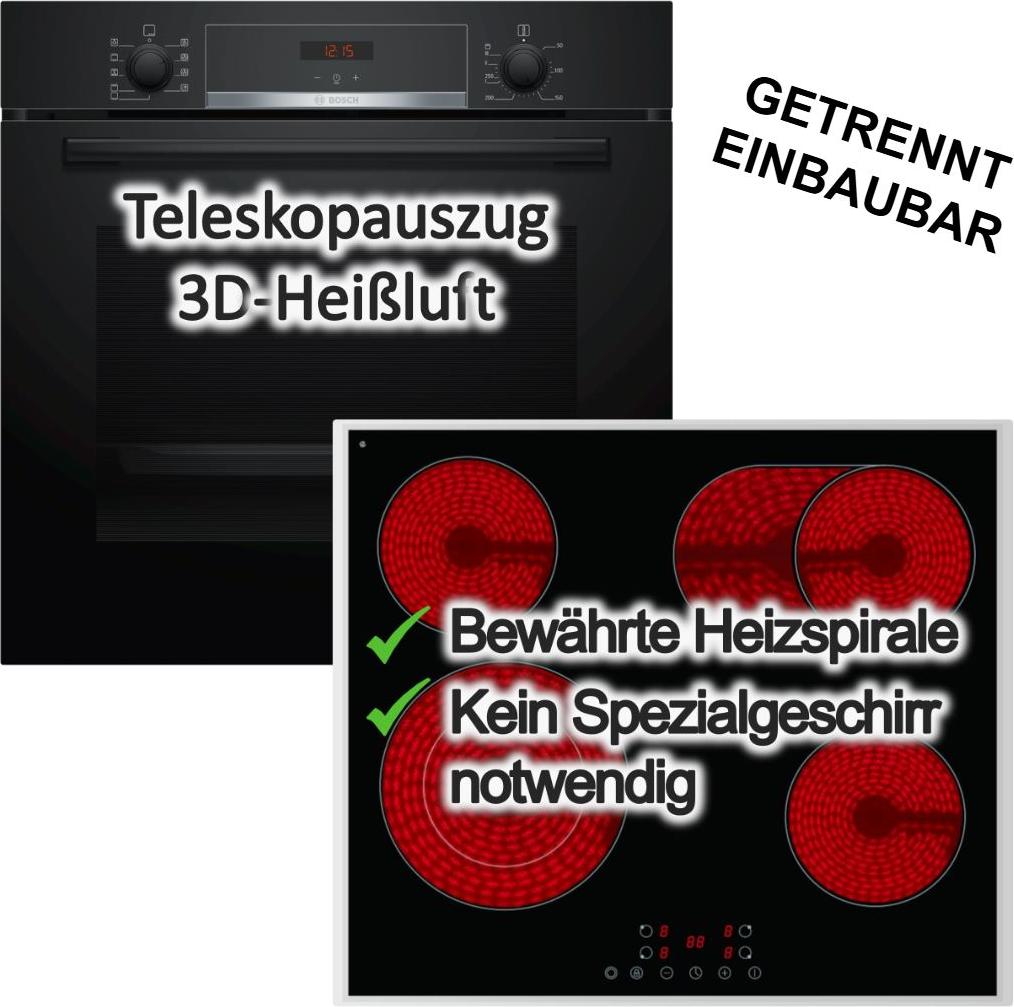 Herdset Bosch Backofen EcoClean mit PKM Glaskeramikkochfeld Bräterzone autark 60 cm