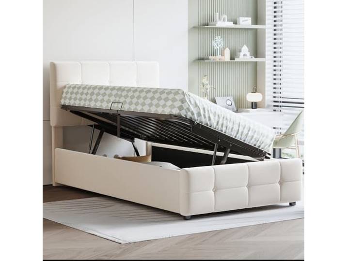 FAVSH Boxspringbett 90x200 cm, Polsterbett Hydraulisches Bett mit Bettkasten, Einzelspieler mit Höhenverstellbarem Kopfteil, für Jugendliche/Kind, Samtstoff, Ohne Matratze (Beige)