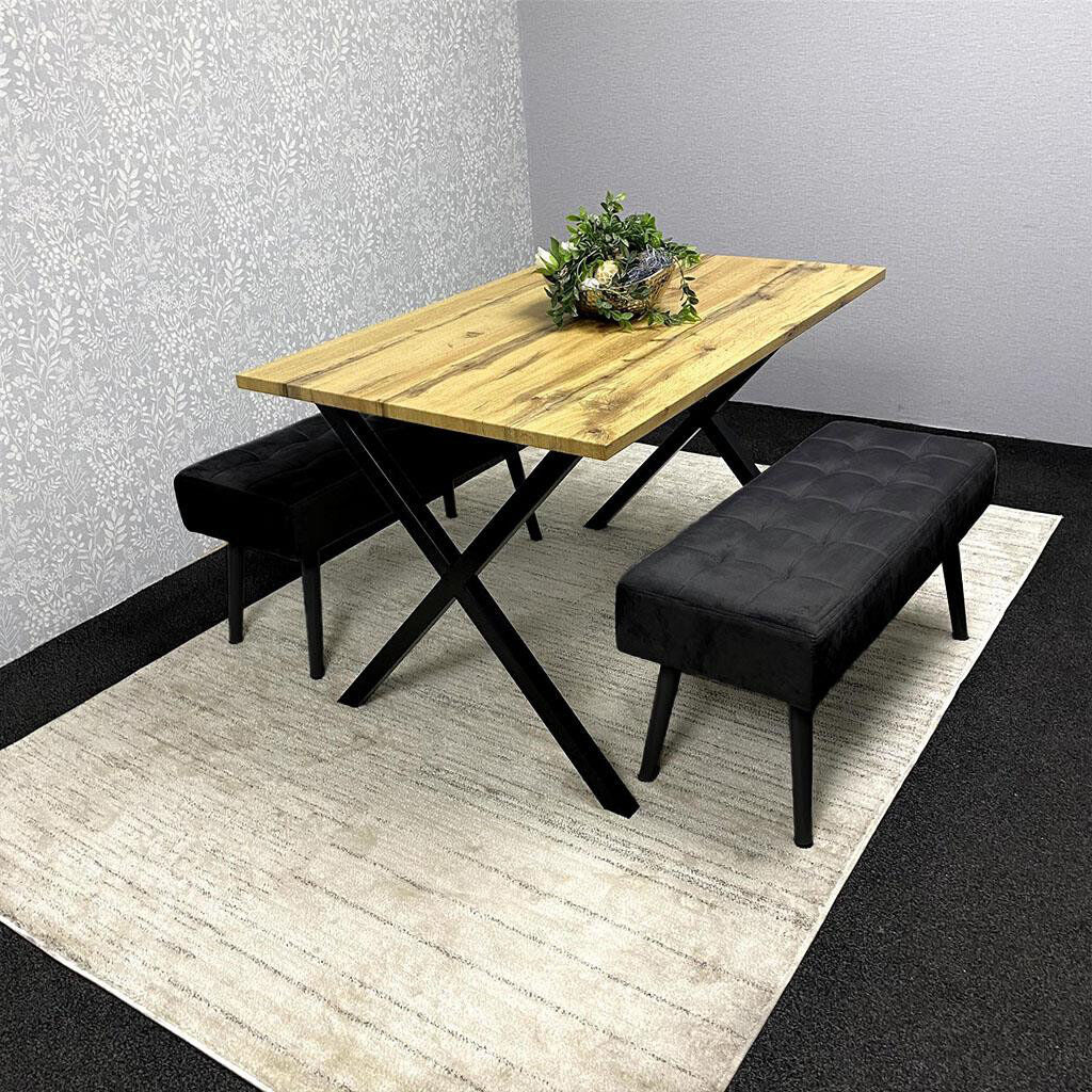 Norden Home Wooden Brown Dining Table with 2 Velvet Padded Benches, Stylish Dining Room Furniture Black 4