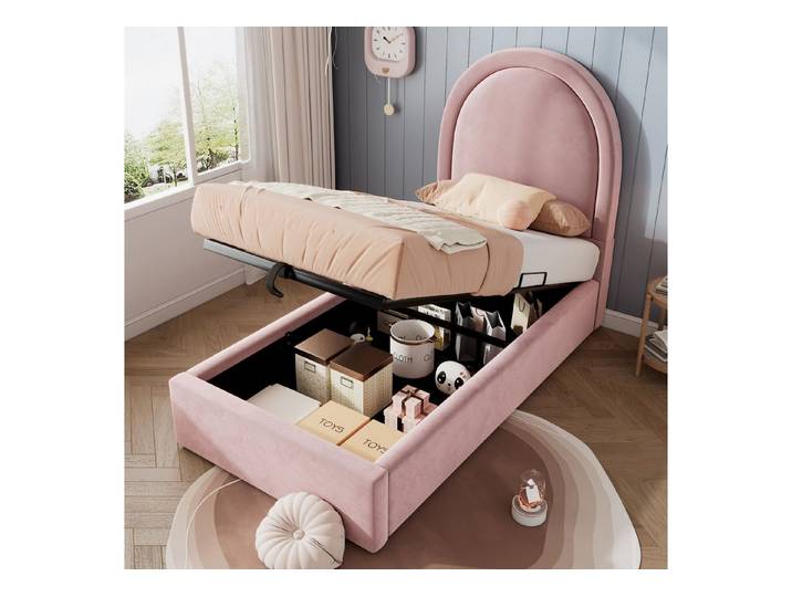 Flieks Polsterbett, Hydraulisches Kinderbett Einzelbett 90x190cm Halbkreisbogen-Kopfteil