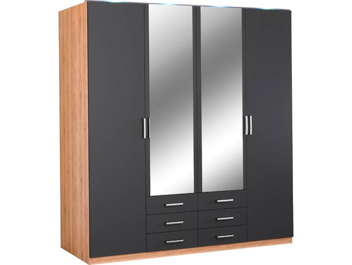 Kleiderschrank, Holzwerkstoff, Artisan Eiche/Schwarz, 185×193×56 cm, Mit LED-Beleuchtung, Modern, Priess