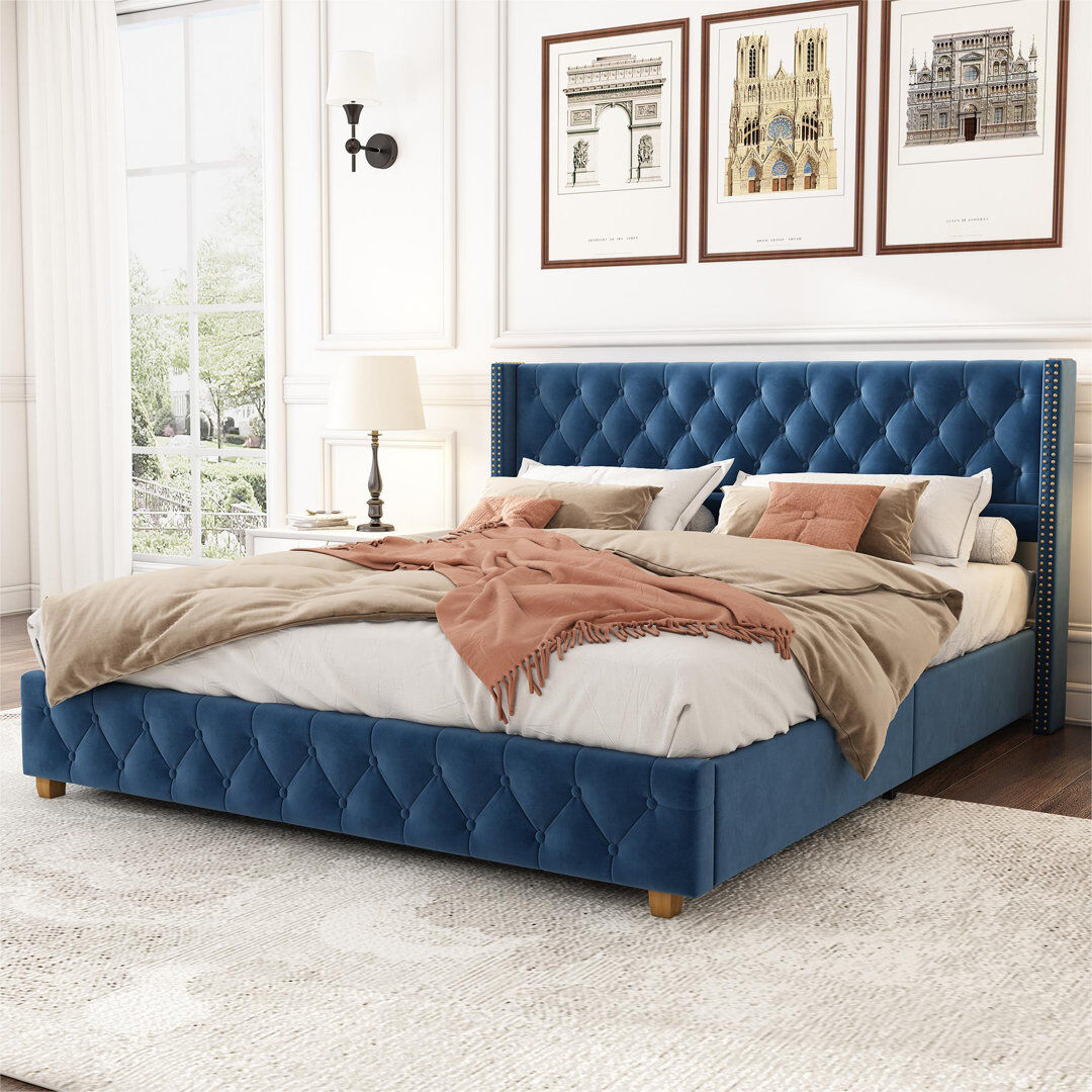 Mercer41 Doiron Upholstered Bed Blue European Kingsize (160 x 200cm)