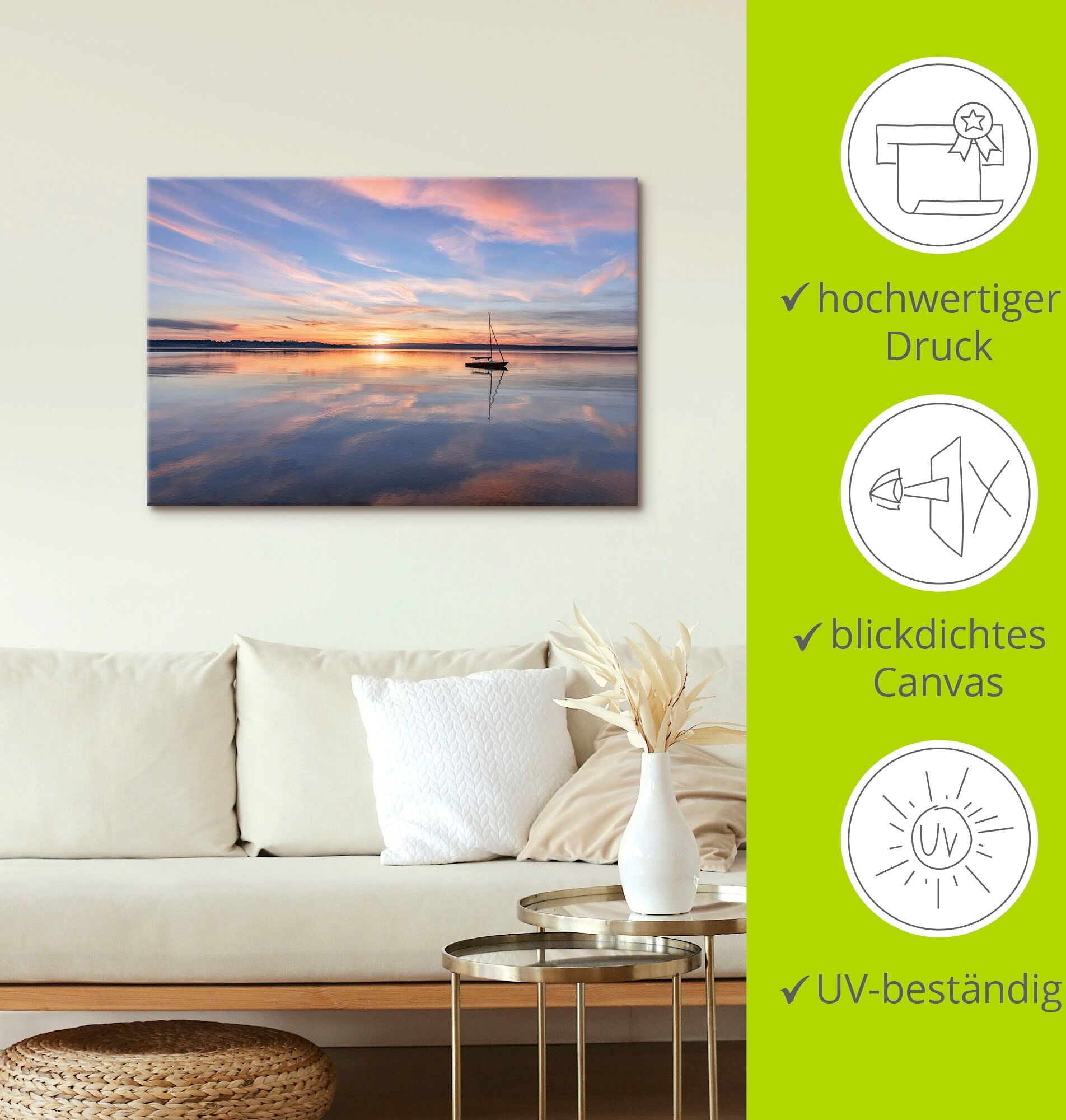 Leinwandbild ARTLAND "Sonnenuntergang am Starnberger See II", blau (farbe bild(er): blau), B:90cm H:60cm, Bilder, Leinwandbild, auf Holzrahmen gespannt farbe bild(er): blau B/H/T: 90cm x 60cm, Leinwandbild Bilder vom Sonnenuntergang & -aufgang Querformat,