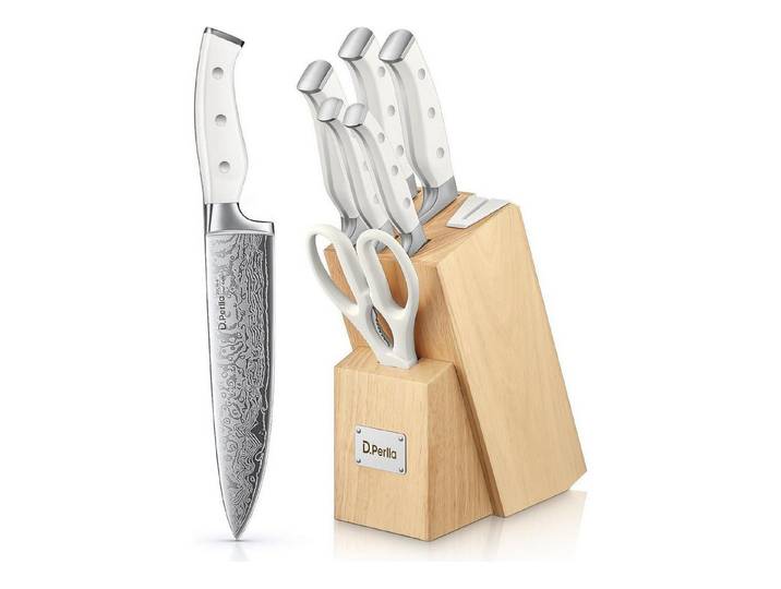 LuxusKollektion Kochbesteck-Set Messerblock Messerset 7TLG selbstschärfend Edelstahl Holzblock Weiß 7