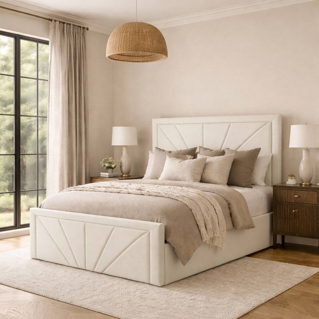 17 Stories Phoenix Upholstered Storage Bed Frame Cream Kingsize (5')