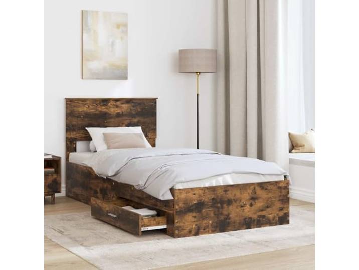 SKTQYQO Bettgestell aus rauchiger Eiche und Silber, 75 x 190 cm Technisches Holz, mit Schubladen, Lattenrost, Kopfteil inklusive, einfach zu montieren