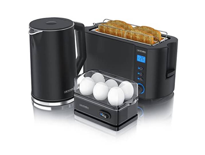 Arendo - Wasserkocher mit Toaster SET und Eierkocher, Edelstahl Schwarz Wasserkocher 1,5L 40° - 100°C Toaster 4 Scheiben LED-Display 6 Bräunungsgrade Eierkocher 1-6 Eier Messbecher BPA frei