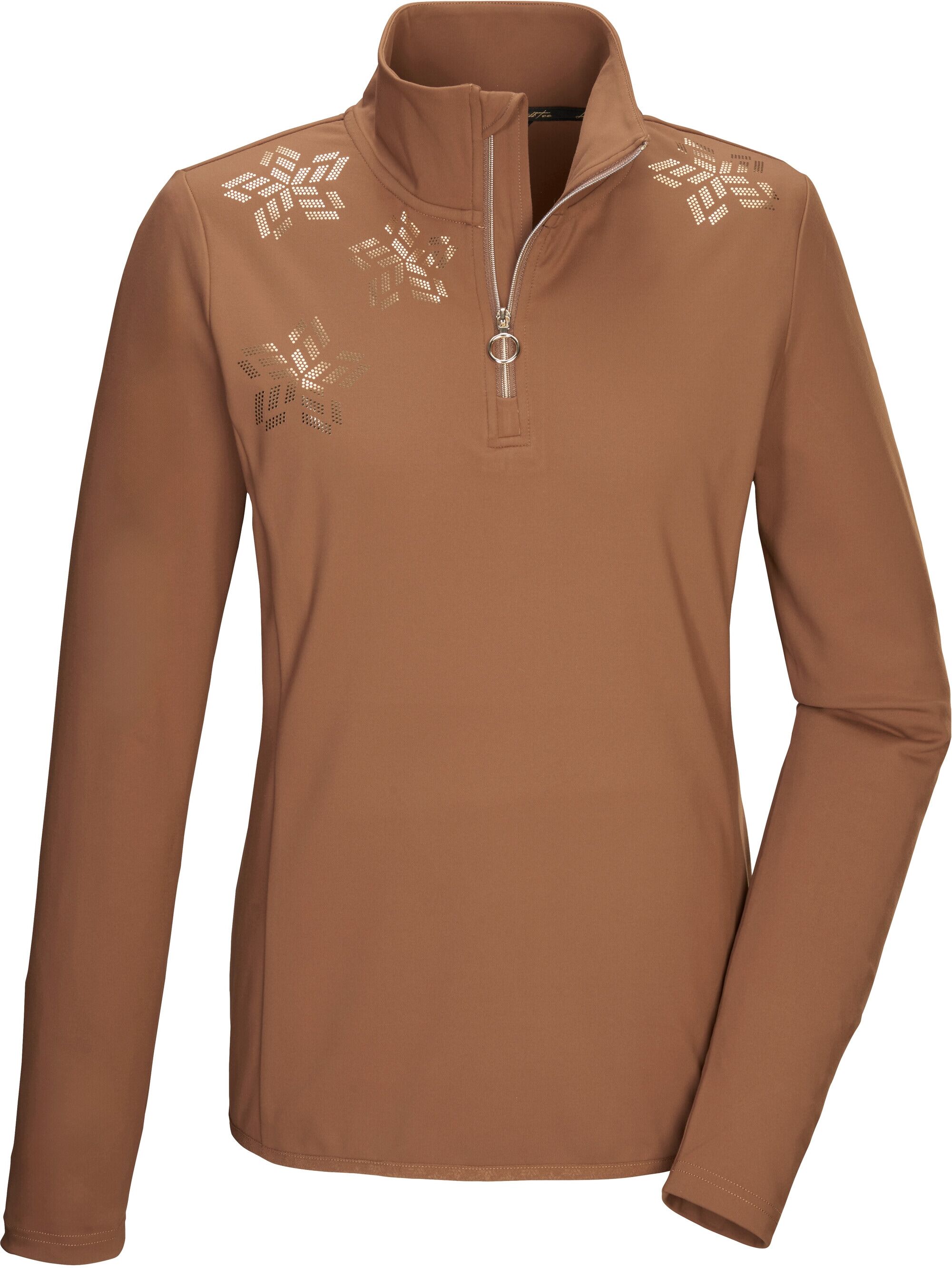 Langarmshirt KILLTEC "KSW 110 WMN LS SHRT", Damen, Gr. 38, braun (toffee), Obermaterial: 84% Polyester, 16% Elasthan, Shirts Langarmshirt, Damen Powerstretchshirt: atmungsaktiv, metallischer Print, Stehkragen toffee 38