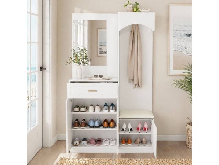 Vestiaire d'entrée compact avec miroir banc et étagères réglables - TCQPZ - MDF blanc 110 × 33 × 185 5 cm
