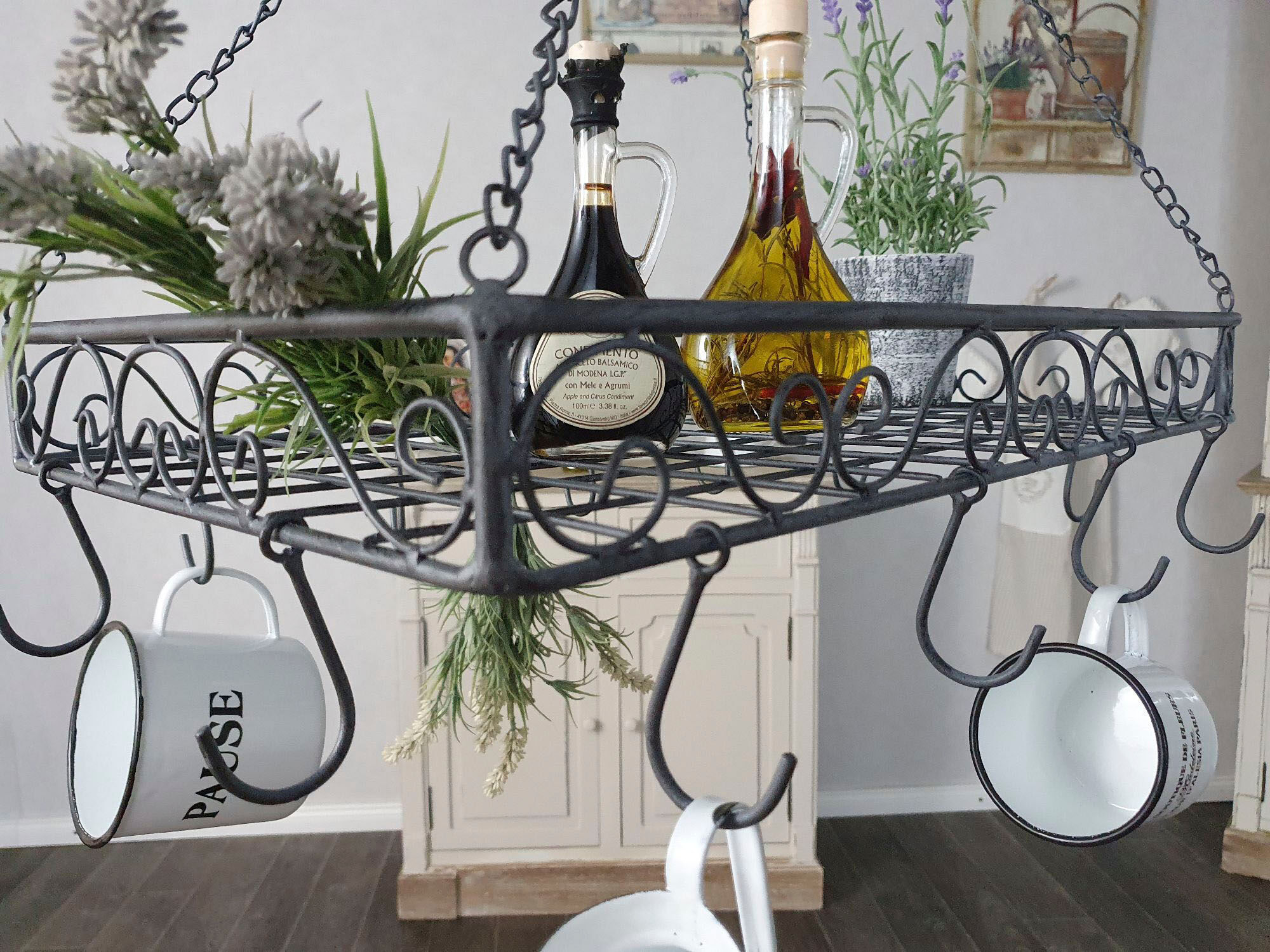 Hängekorb AMBIENTE HAUS "Topfhänger aus Eisen in Grau - 60 cm", grau, B:62cm H:59cm T:42cm, Eisen, Aufbewahrungsboxen, Hängekorb grau Einheitsgröße