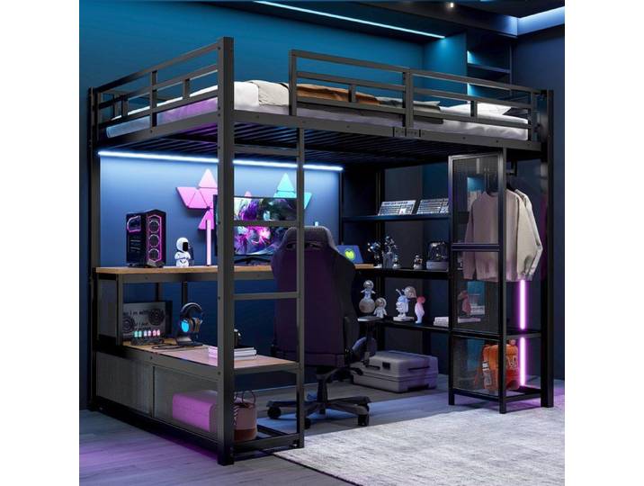 Lit mezzanine 140x200 cm avec bureau rangements et LED structure métallique