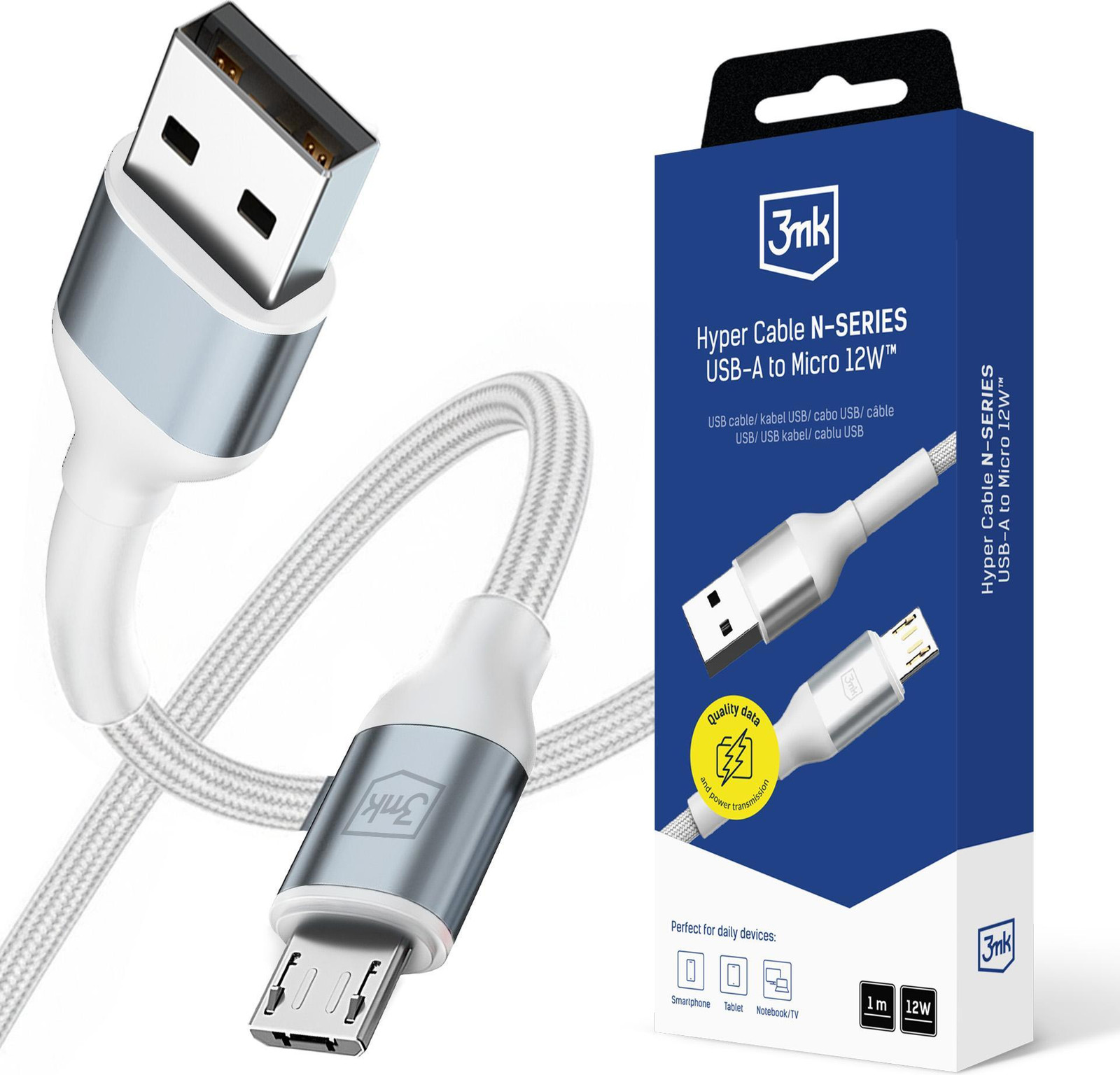 3Mk Hyper Kabel N-Serie A naar Micro USB, 1 meter, QC 3.0, 12W, wit