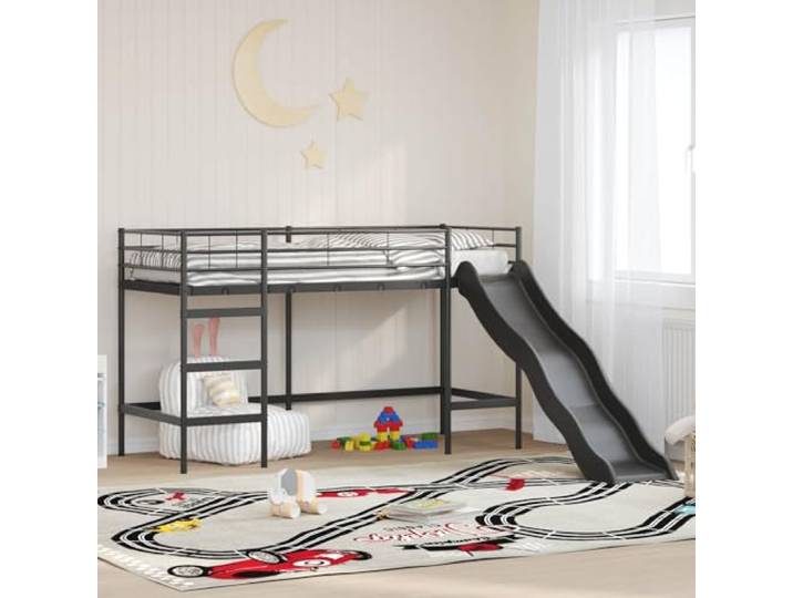 Stahlkonstruktion Rutsche Kinderspielbett Schwarz 90 x 190 cm Kinder-Loftbett mit Rutsche Stahlgestell Schwarz Anthrazit 90x190 Hochbett Platzsparend Modern Abenteuer Kinderzimmer