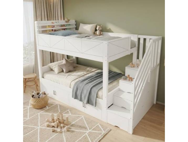Aunvla Weißes Etagenbett 90x200 cm mit Stauraumtreppe, Schrankfächern unter dem unteren Bett, erhöhter Absturzsicherung, Bücherablage und modernem Paneel-Design