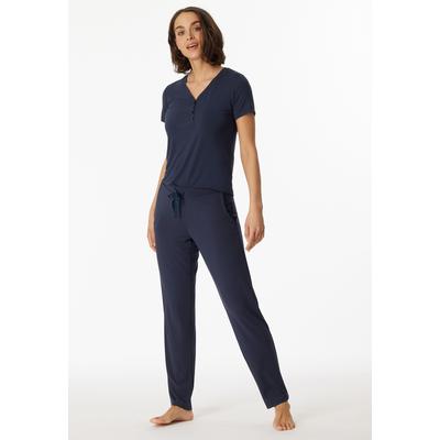 Pyjamahose SCHIESSER "Mix + Relax", Damen, Gr. 68, N-Gr, blau (800, blau), Single Jersey, Obermaterial: 95% Modal, 5% Elasthan, bequem lang, Hosen Pyjamahose, Single Jersey Qualität, bequem, Satin-Bindeband