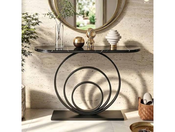 Konsolentisch Schmal mit Sintersteinplatte und Rundem Metallgestell Konsolentisch mit Sintersteinplatte, modernem runden Metallgestell mit Drei-Ring-Design und platzsparendem Design für Flur