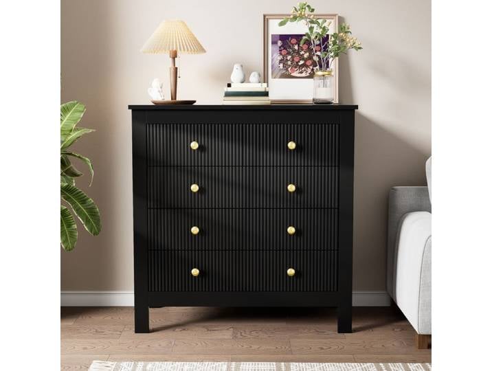 Buffet commode noir 79 cm 5 tiroirs poignées dorées