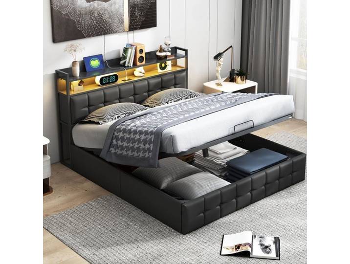 litcoffre 140 200 coffre lit 140 x 200 avec sommier lit adulte lit double avec tête de lit avec rangement lumières LED PU noir