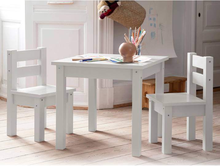 Kindersitzgruppe HOPPEKIDS MADS Kindersitzgruppe , weiss (weiß), FSC-zertifiziertes Kiefernholz und MDF. Lack auf Wasserbasis ohne schädliche Substanzen und unnötige Chemie., Sitzmöbel-Sets, Kindersitzgruppe, in vielen Farben, mit zwei Stühlen
