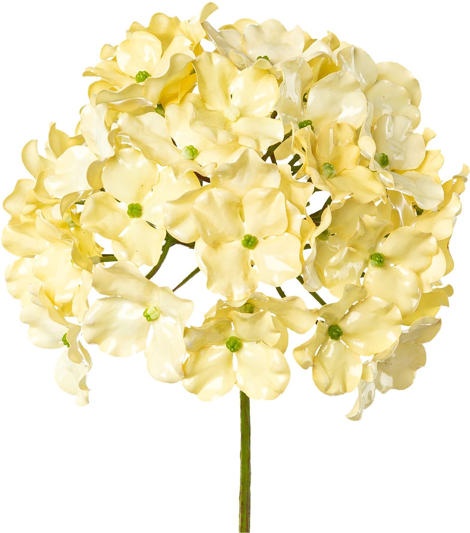 Kunstblumenstrauß CREATIV GREEN "Hortensie mit Zweigen in Vase", weiß, gelb, H:80cm, Kunststoff, Polyester, Porzellan, Kunstpflanzen, als schnelle Deko-Idee
