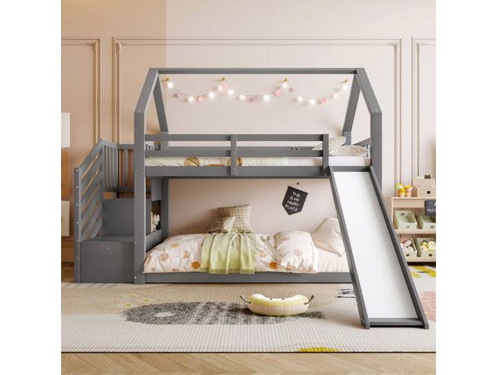 Lits superposés 90x200 cm avec escalier de rangement et toboggan Lit mezzanine lit cabane enfant avec barrière Cadre de lit gris