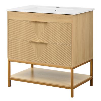 Merax Waschtischunterschrank 81 x 47 x 84 cm mit Keramikwaschbecken, 2 Schubladen, offenem Ablagefach und Metallgestell, Naturholzoptik