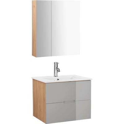 Badmöbel-Set WELLTIME "Lund Badmöbel Set Badschrank Badezimmerset", grau (eiche, grau), MDF, Kastenmöbel-Sets, Badmöbel-Set, Spiegelschrank, Waschtisch und Waschbecken Breite 60cm