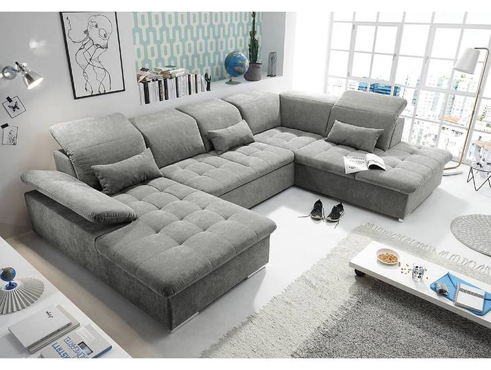 Wohnlandschaft San Benito Grau Microfaser Ranu 340 x 104 x 240cm Longchair davorstehend links / Ottomane rechts Armlehne & Kopfstütze